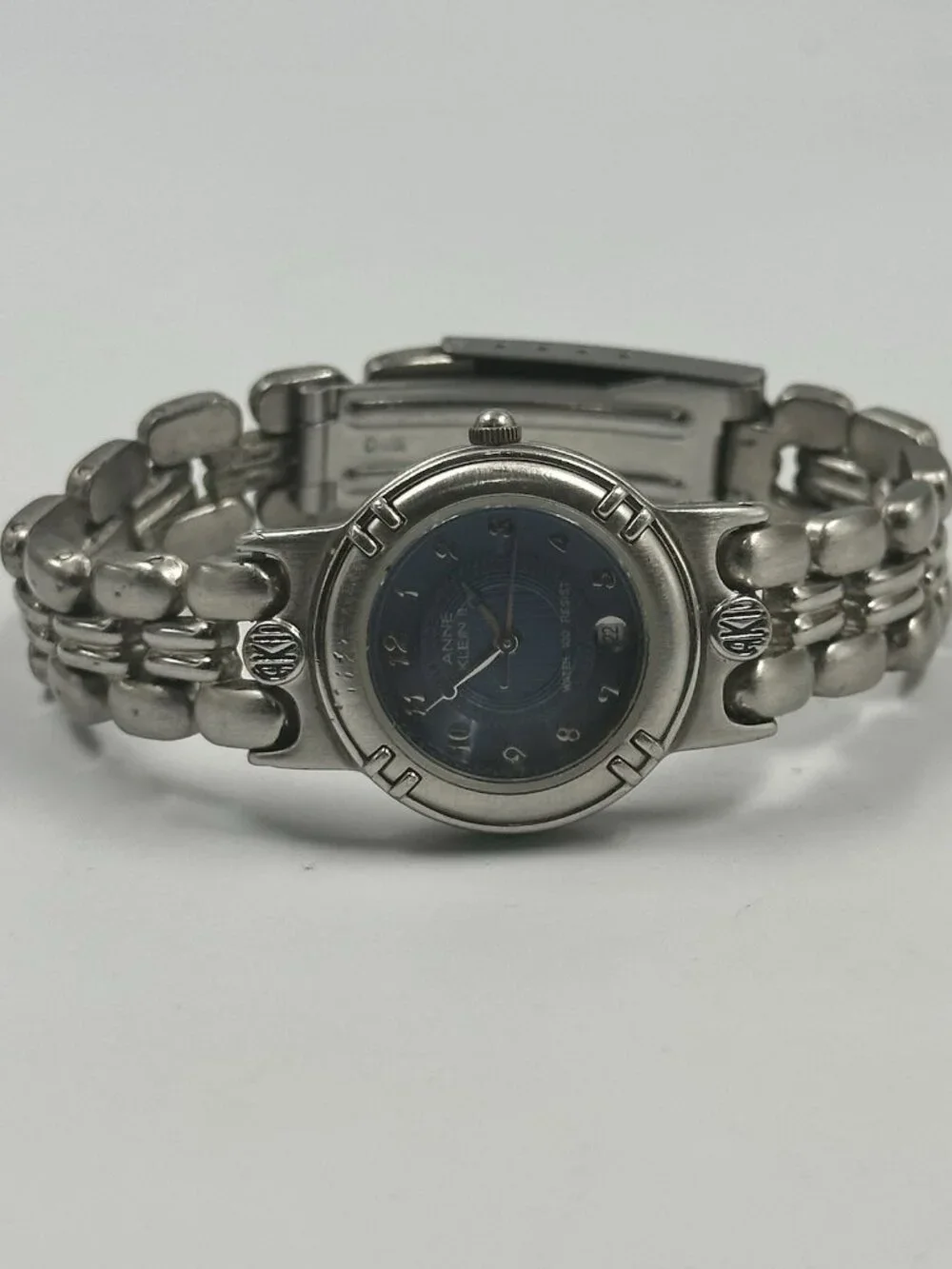 3/$30 Anne Klein Watch Silver Tone Blue Dial Date Window New Battery 6.75